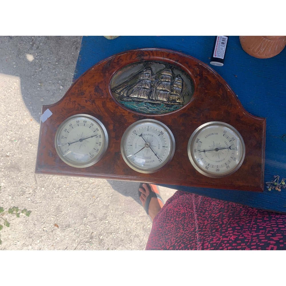 Vintage Springfield Nautical Weather Station Barometer Thermometer Clipper Ship